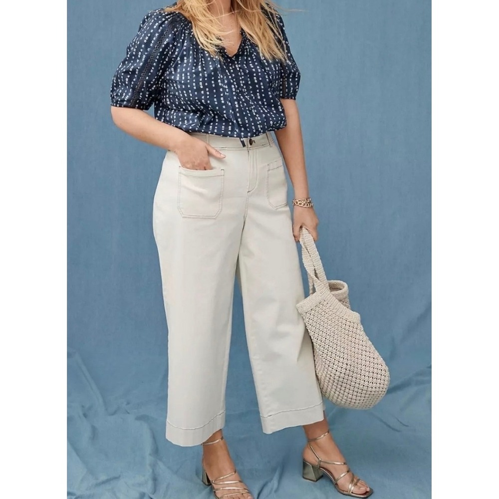 (CL) Lane Bryant Womens 18 Cream Wide Leg Crop Pants Stretch Waist Patch Pockets